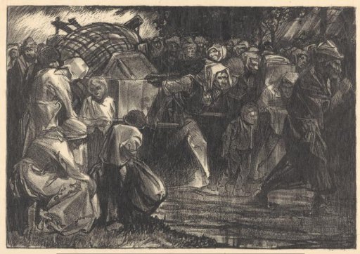 Refugees with a heavily laden handcart