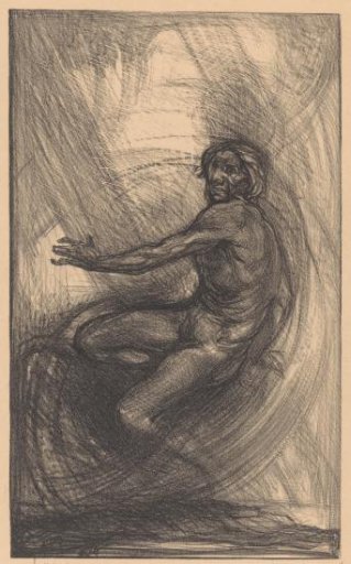 Naked man with bent knees and outstretched arm