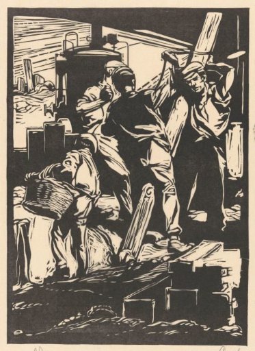 Four men working with a hoist on a construction site