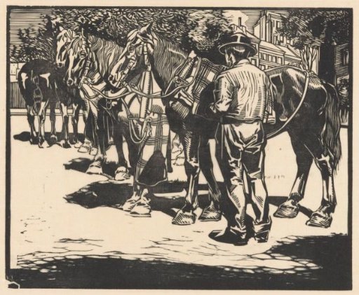 Four omnibus horses on a square