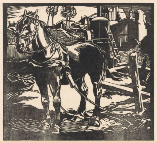 Unharnessed cart horse on a construction site