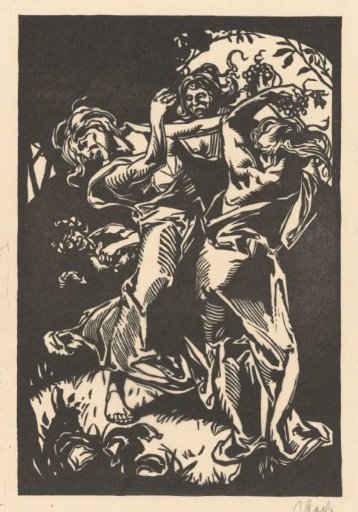 Dancing women with bunches of grapes and a satyr