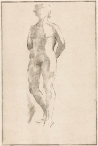 Standing, naked woman with hands on her back