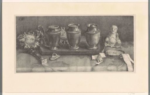 Still Life with a Tray, Three Barrels, a Candelabrum, a Ring, a Flower and a Buddha Image