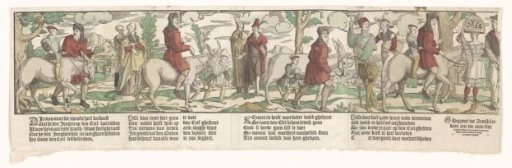 Fable of the father, the son and the donkey (three of the four blocks)