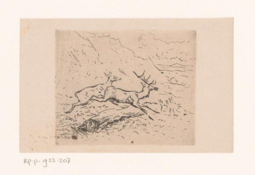 Two deer jumping over a log