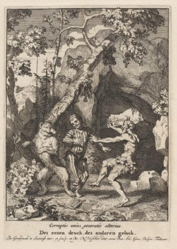 Jester dancing with a bear and a satyr
