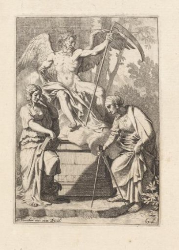 Father Time flanked by Memory and Practice