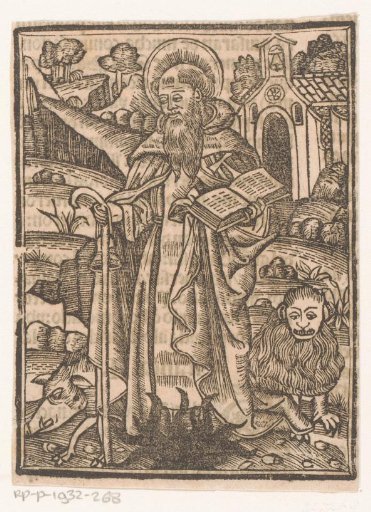 St. Jerome standing with a staff and an open book next to a lion