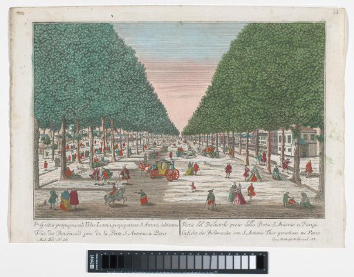 View of a boulevard in Paris seen from the Porte Saint-Antoine