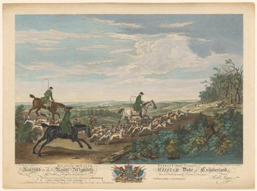 Landscape with hunters and hunting dogs by a shore