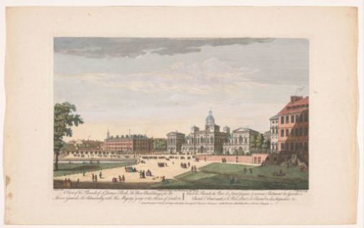 View of the Horse Guards Parade in London with the departure of George II Augustus, King of Great Britain, to the House of Lords