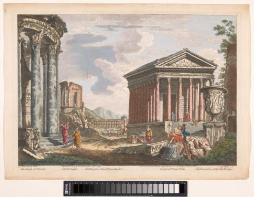 View of the ruins of the Temple of Hercules Invictus, the Temple of Portunus, and other monuments in Rome