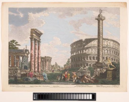 View of the ruins of the Temple of Jupiter Stator, the Amphitheatre of Statilius Taurus, and other monuments in Rome
