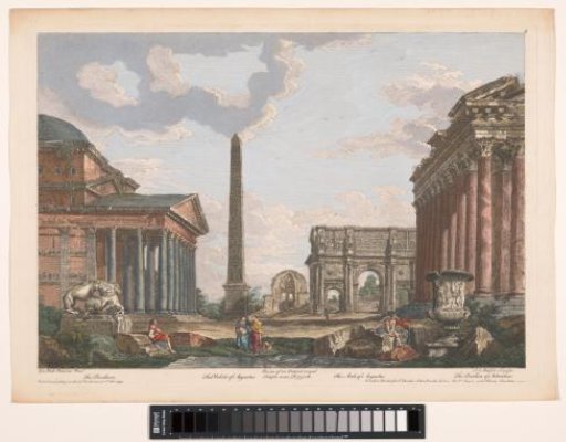 View of the ruins of the Pantheon, the Arch of Constantine, and other monuments in Rome
