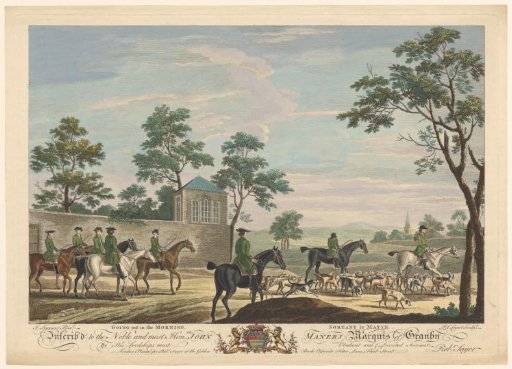 Men on horseback with hunting dogs
