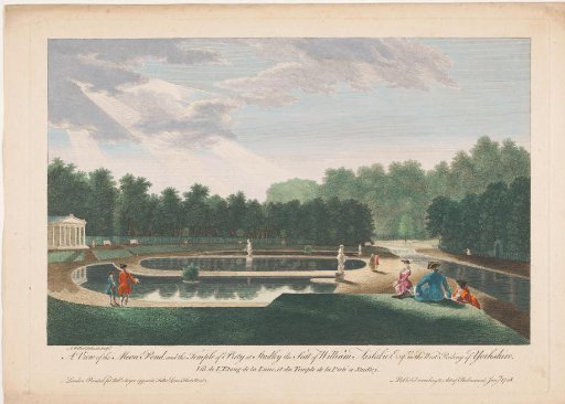 View of the Moon Pond and the Temple of Piety in Studley Royal Park in Yorkshire