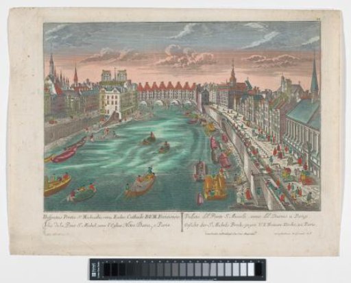 View of the built-up Pont Saint-Michel over the River Seine in Paris