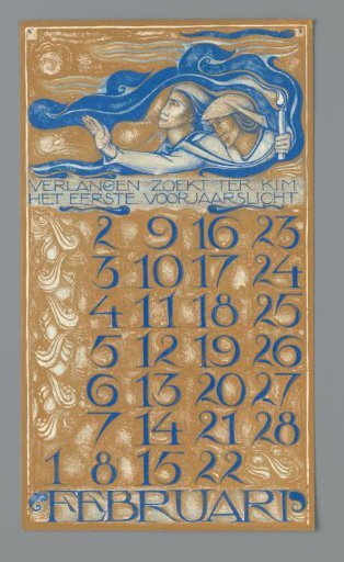 Calendar page for February 1930 from the Nederlandsch Kunstverbond Kalender