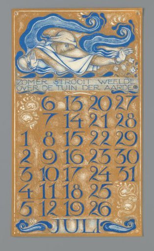 Calendar page for July 1930 from the Nederlandsch Kunstverbond Kalender