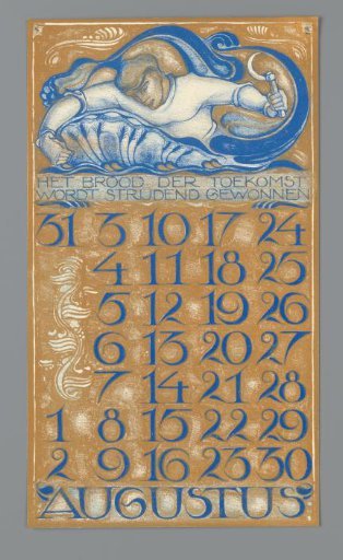 Calendar page for August 1930 from the Nederlandsch Kunstverbond Kalender