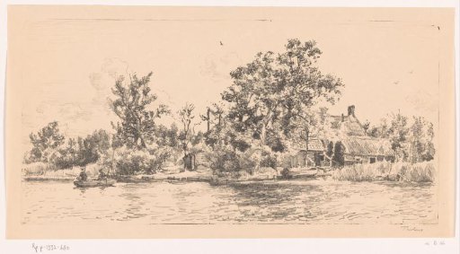 Landscape with farm and fishermen in a boat on the water