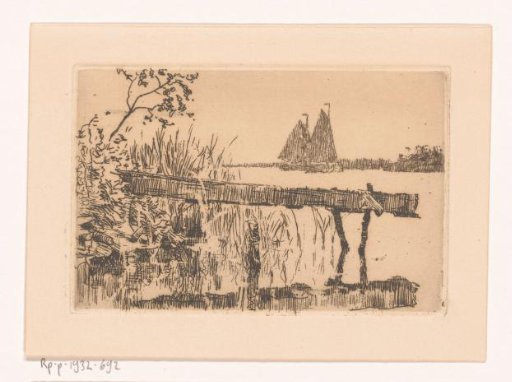 Gangplank at the shore, with two sailing boats in the background