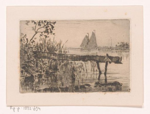 Gangplank at the shore, with two sailing boats in the background