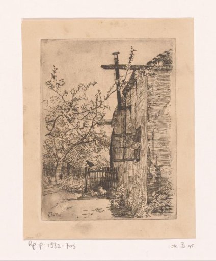 House with an open window, with birds and a fruit tree