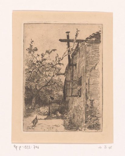 House with an open window, with birds and a fruit tree