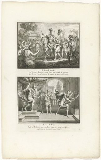 Saul and David Welcomed by the Women of Israel and Saul Attempts to Kill the Harp-playing David