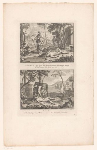 Two scenes from the Gospel of Luke: the priest and Levite ignore the wounded and the Good Samaritan