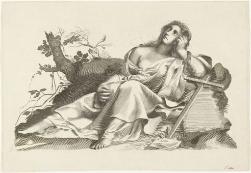 Personification of hope sitting with cross