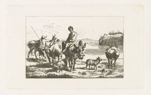 Landscape with a shepherdess on a mule and a shepherd with cows