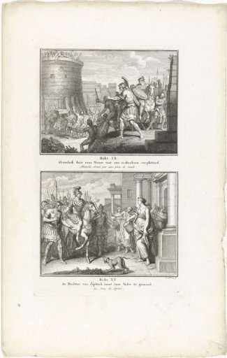 Abimelech killed by a millstone and the daughter of Jephthah receives her father