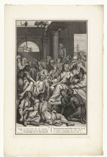 Christ healing a paralytic man who was let down through the roof