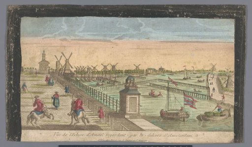 View of the Hogesluis towards the Buiten-Amstel, the Amsteldijk, and the mills along the Zaagmolensloot in Amsterdam