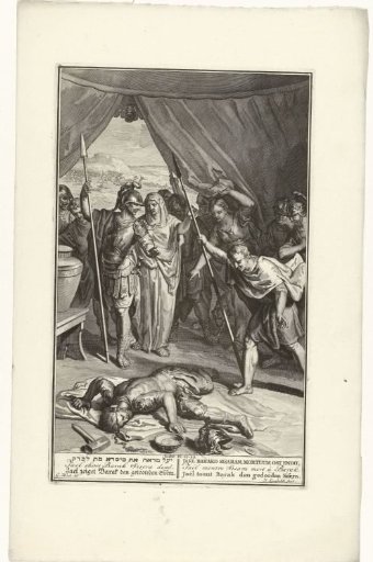 Jael shows Barak the dead body of Sisera