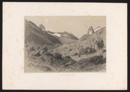 Mountain landscape with walkers and rocks