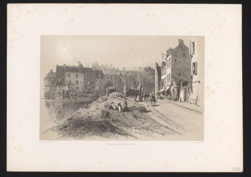City view with houses and carts along a road