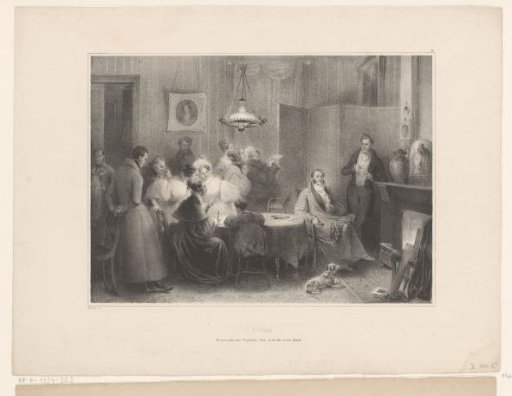 Interior with a group of people making a portrait of a man