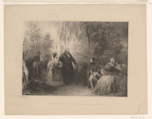 Figures stroll in a garden