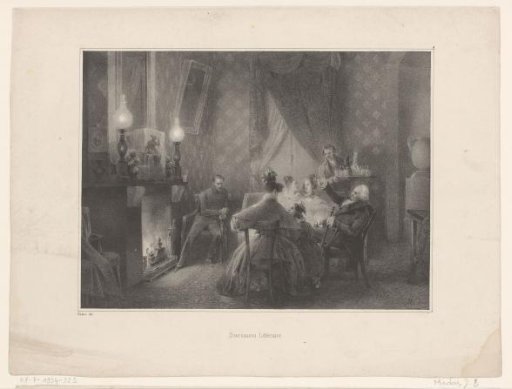 Interior with a family seated before the fireplace