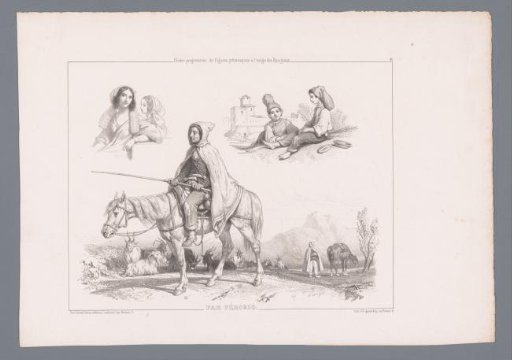 Three depictions of figures, including two goat herders on horseback in a landscape
