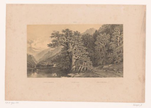 Mountain landscape with water and a hay wain on a path