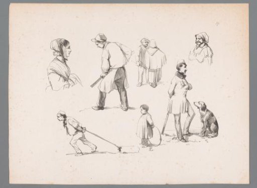 Seven figure studies including a child with a hoop and a man with a dog