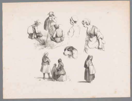 Five figure studies including a group of resting travelers and a dog