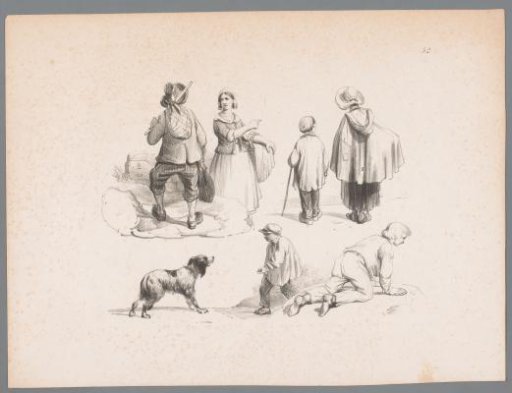 Figure studies of a traveler, a mother with child, a boy with dog and a crawling boy