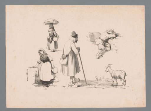 Figure studies of a goat herder, a woman with a jug, a woman with a basket on her head and a sleeping man