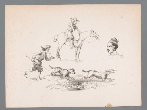 Figure studies of a rider on horseback, the head of a man and a hunter with two hunting dogs